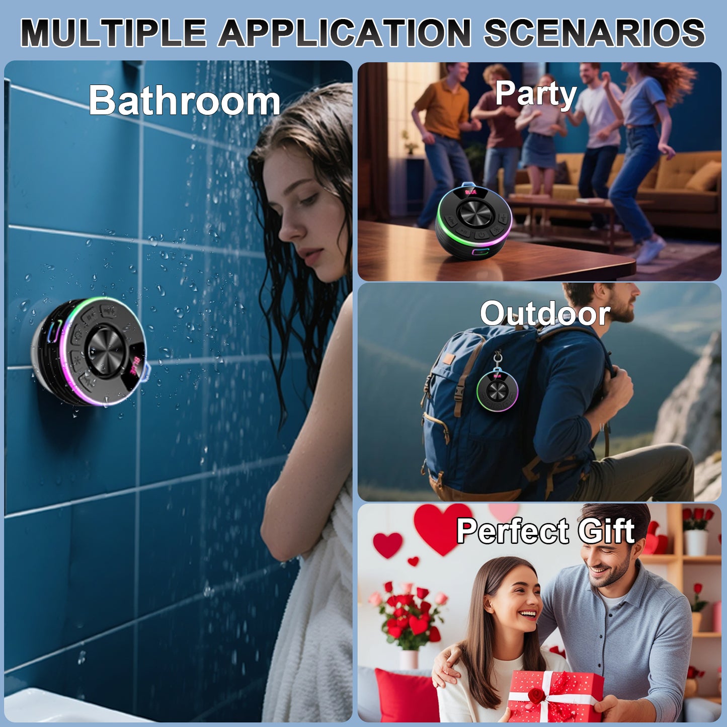 Tukio Bluetooth Speaker, lPX7 Waterproof Shower Portable Speaker with LED Light, Bluetooth 5.4 HD Stereo Sound, Digital Display with Suction Cup, Wireless Speaker for Outdoor Party Beach Bathroom