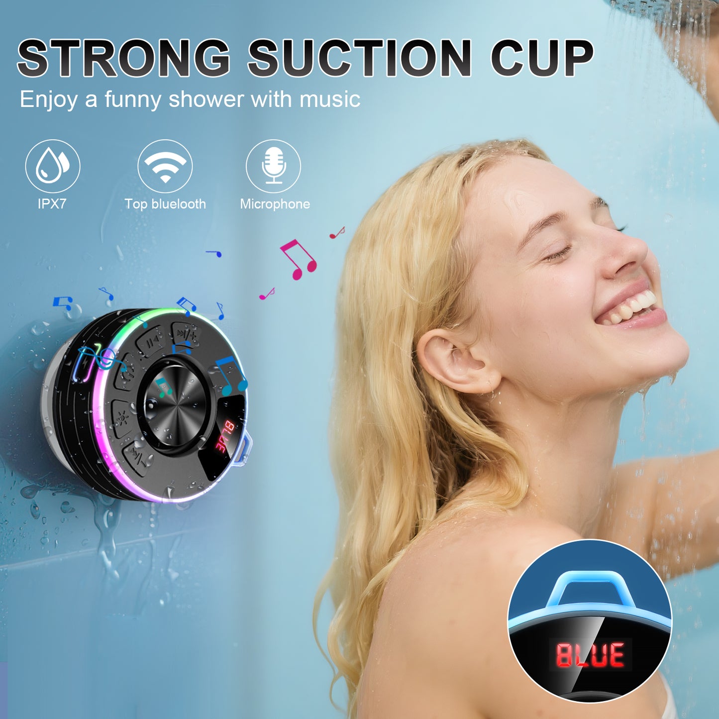 Tukio Bluetooth Speaker, lPX7 Waterproof Shower Portable Speaker with LED Light, Bluetooth 5.4 HD Stereo Sound, Digital Display with Suction Cup, Wireless Speaker for Outdoor Party Beach Bathroom
