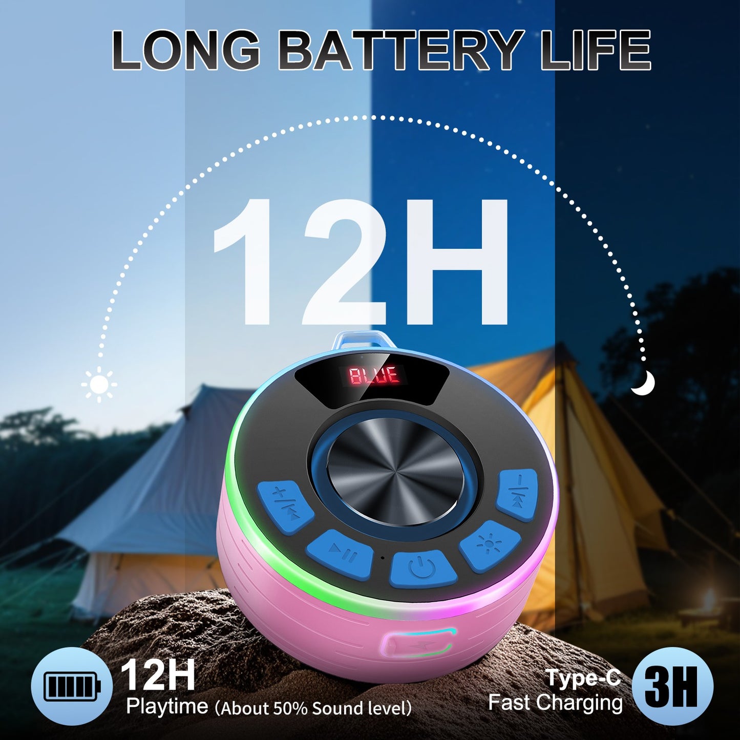 Tukio Bluetooth Speaker, lPX7 Waterproof Shower Portable Speaker with LED Light, Bluetooth 5.4 HD Stereo Sound, Digital Display with Suction Cup, Wireless Speaker for Outdoor Party Beach Bathroom