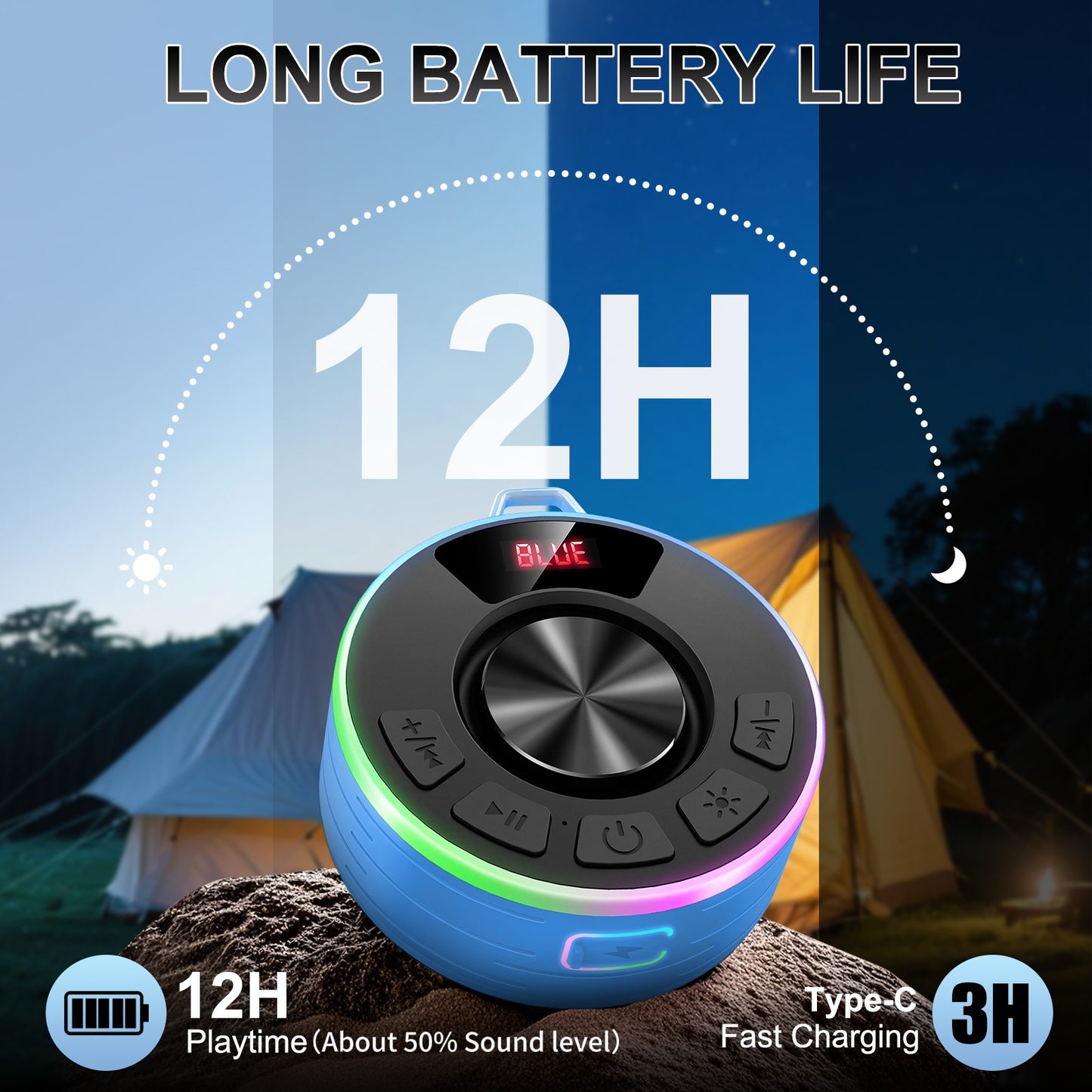 Tukio Bluetooth Speaker, lPX7 Waterproof Shower Portable Speaker with LED Light, Bluetooth 5.4 HD Stereo Sound, Digital Display with Suction Cup, Wireless Speaker for Outdoor Party Beach Bathroom