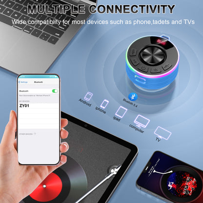 Tukio Bluetooth Speaker, lPX7 Waterproof Shower Portable Speaker with LED Light, Bluetooth 5.4 HD Stereo Sound, Digital Display with Suction Cup, Wireless Speaker for Outdoor Party Beach Bathroom